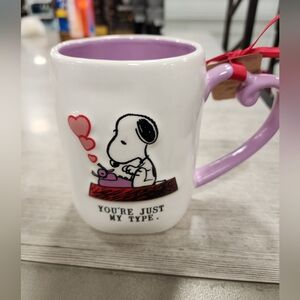 Rae Dunn Valentines Snoopy Typing Mug with Heart Design Handle